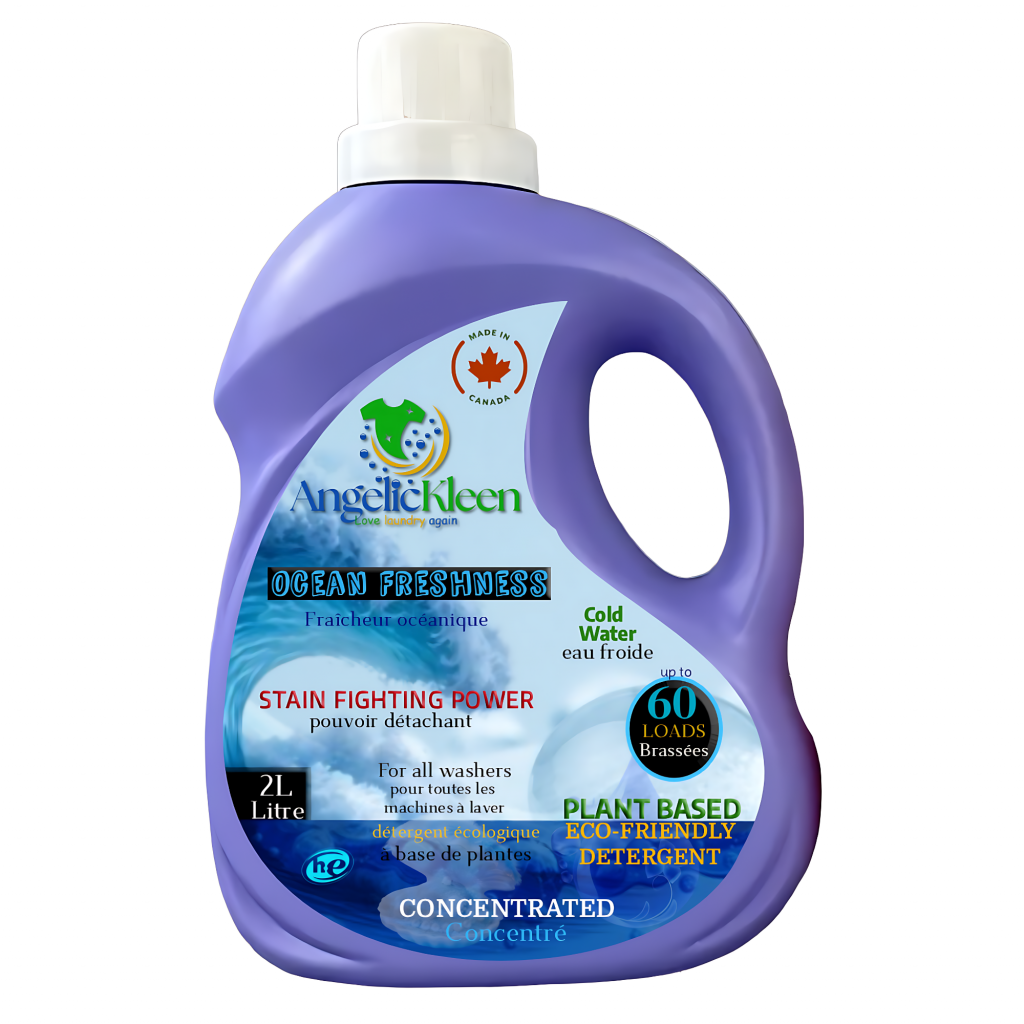 AngelicKleen Ocean Freshness plant-based liquid laundry detergent 2L bottle with fresh ocean scent HE compatible