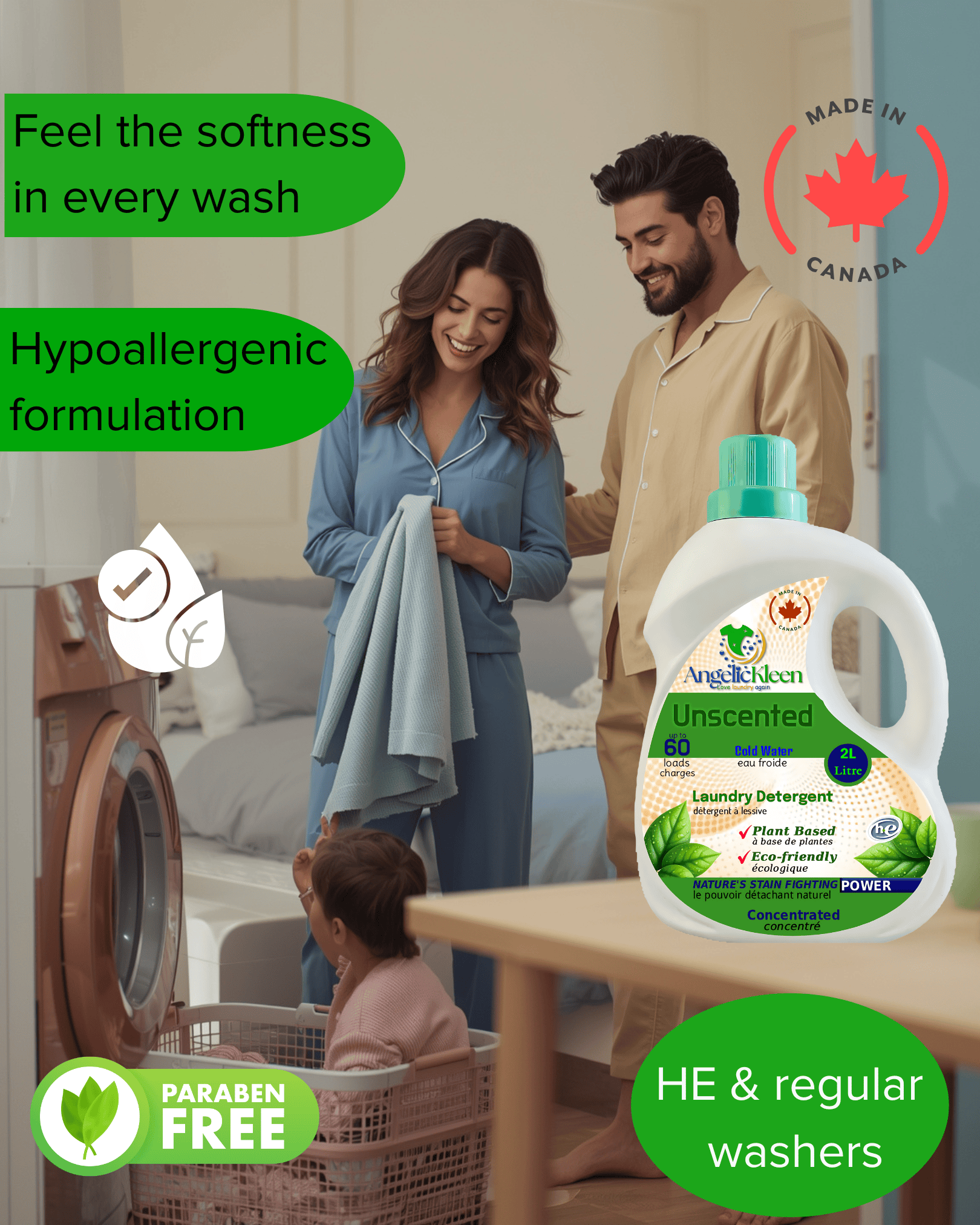 AngelicKleen Unscented fragrance-free plant-based liquid laundry detergent 2L hypoallergenic eco-friendly