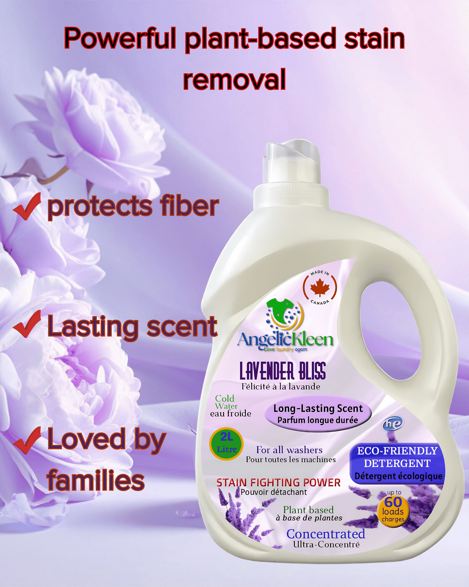 AngelicKleen Lavender Bliss plant-based HE laundry detergent bottle 2L with lavender scent for sensitive skin