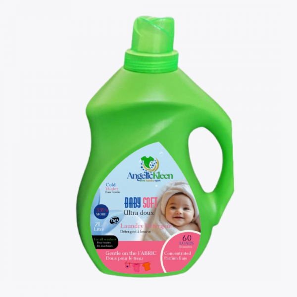 AngelicKleen Baby Soft Liquid Laundry Detergent is made from organic, eco-friendly and biodegradable ingredients. It is specially made for your little one’s world. Being gentle on baby clothes, bedding and blankets, yet powerful enough to handle life’s daily messes.