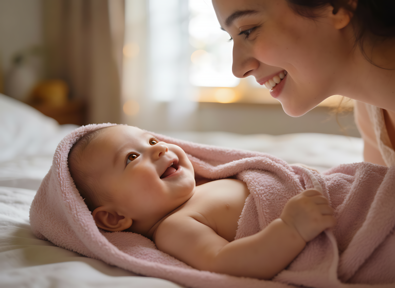 Happy baby with brown eyes and clean skin wrapped in a soft blush pink towel, lying on a bed and smiling up at her mother's loving face.