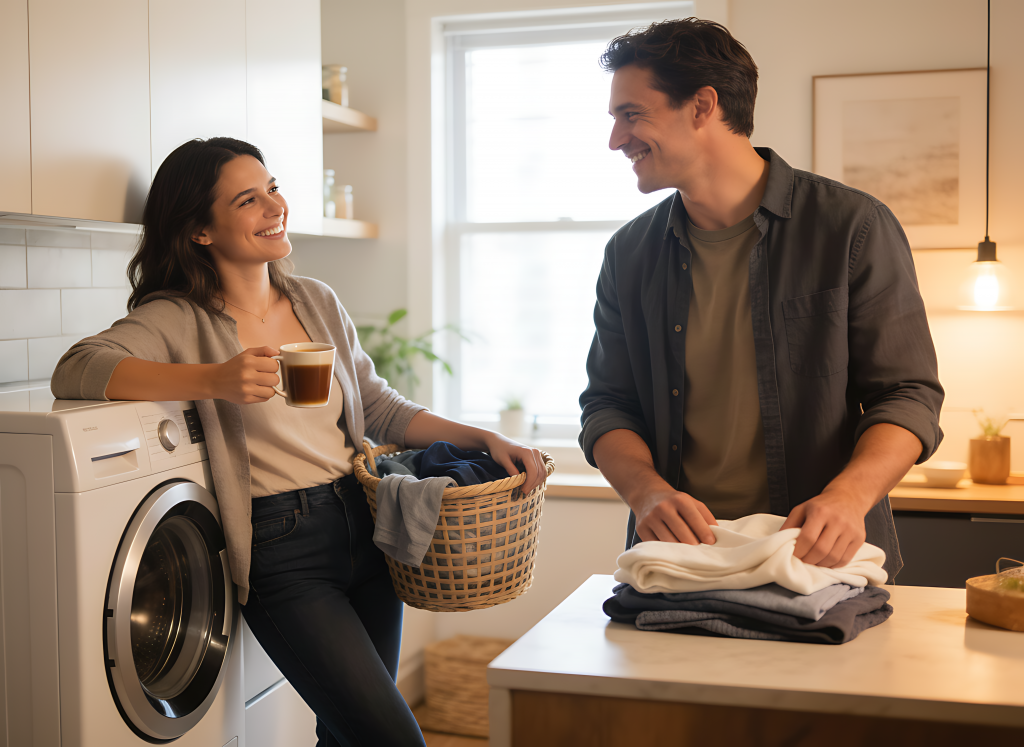 Couple smiling while doing laundry together – woman leaning on washer with coffee, man folding clothes on counter in well-lit modern home laundry room.